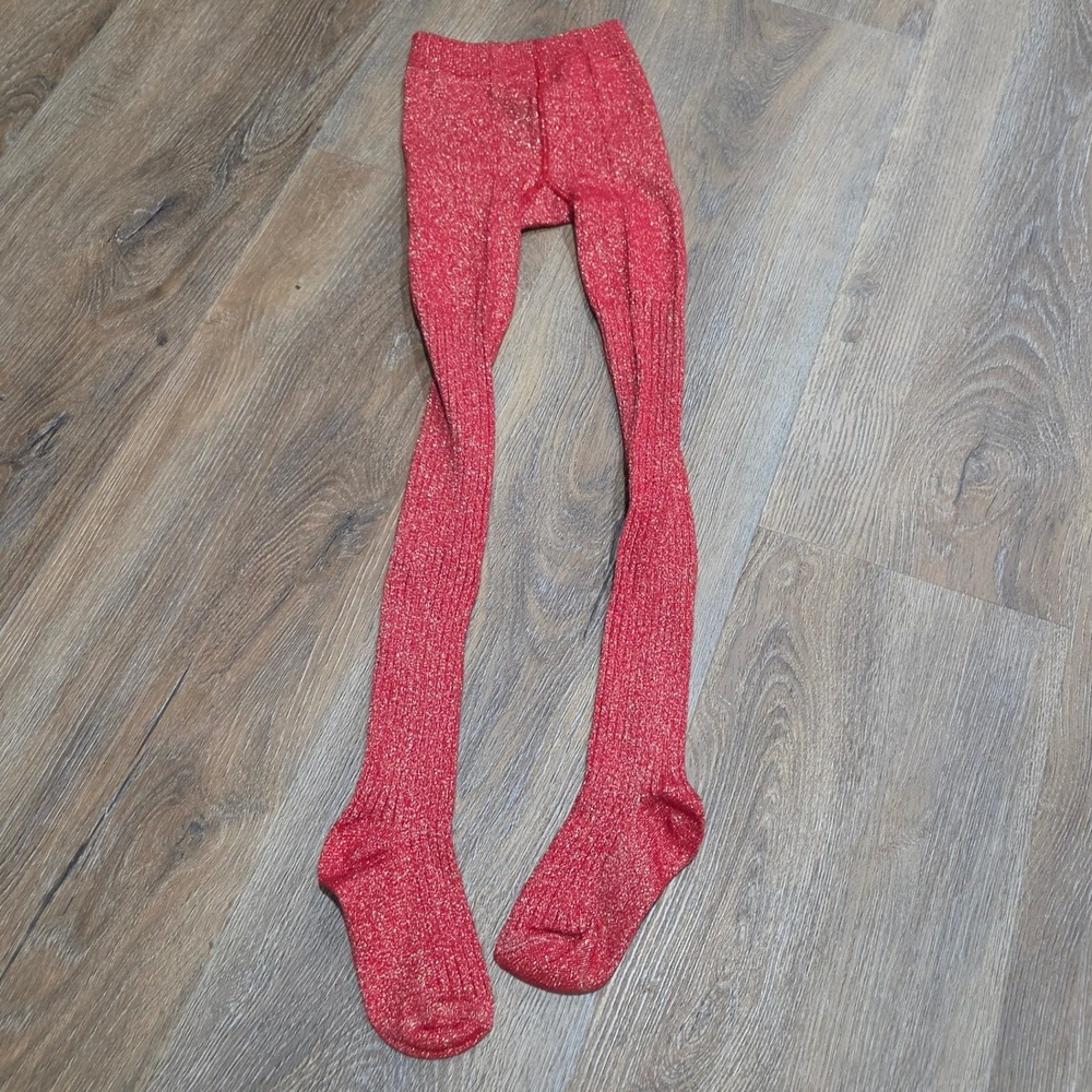 Girls Red Gold Metallic Glitter Ribbed Knit Tights Size 4-6 Holiday Sparkle